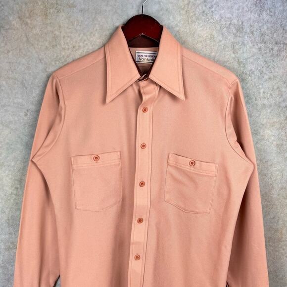 VTG 80s Van Heusen Button Up Shirt Sz L Tan VanKnit Plain Army Military - Picture 2 of 8